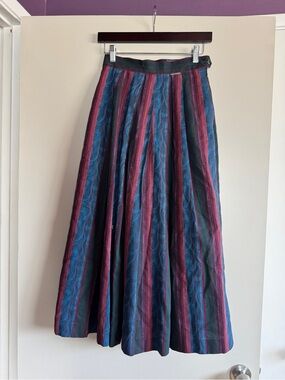 Vintage Striped Midi A-Line Skirt in Teal and Burgundy